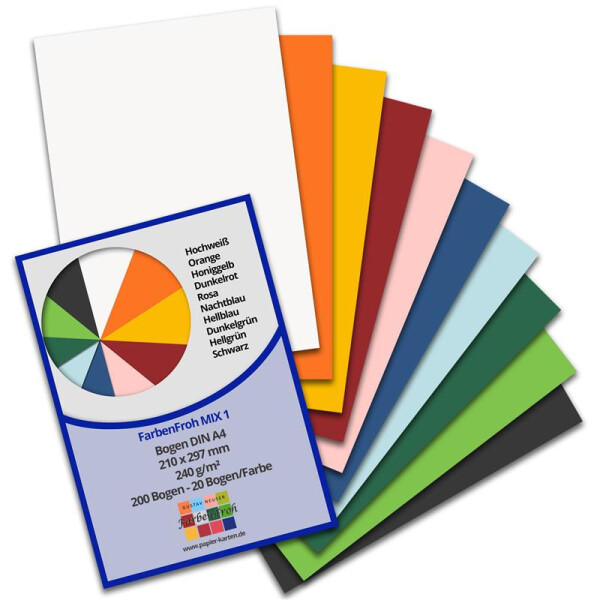 200 DIN A4 Papier-bögen Farbenmix-Paket 1 - Planobogen - 10 Farben - 240 g/m² - 21 x 29,7 cm - Bastelbogen Ton-Papier Fotokarton Bastel-Papier Ton-Karton - FarbenFroh