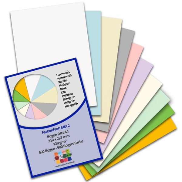 500x DIN A4 Papier Farbenmix-Paket 2 - Bastelbogen - 10 Farben - 110 g/m² - 21 x 29,7 cm - Briefpapier Bastelpapier Tonpapier Briefbogen - FarbenFroh by GUSTAV NEUSER