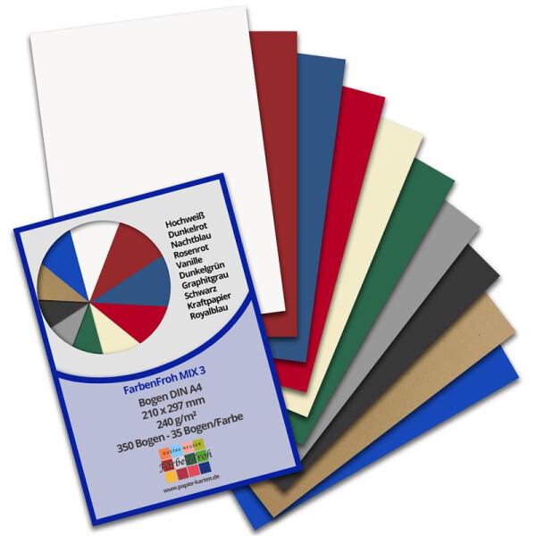 350 DIN A4 Papier-bögen Farbenmix-Paket 3 - Planobogen - 10 Farben - 240 g/m² - 21 x 29,7 cm - Bastelbogen Ton-Papier Fotokarton Bastel-Papier Ton-Karton - FarbenFroh