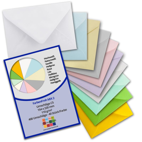 400 Briefumschläge - Farbenmix-Paket 2 - DIN C5 Kuverts 22,0 x 15,4 cm - Kuverts mit Nassklebung ohne Fenster für Gruß-Karten & Einladungen - Serie FarbenFroh