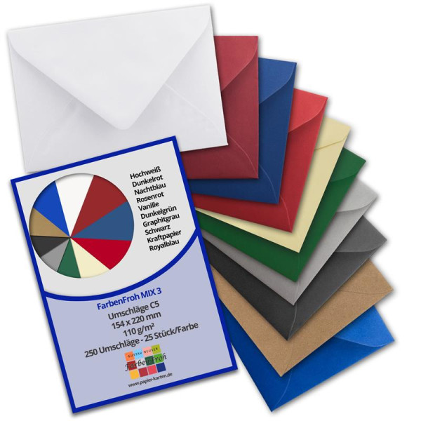 250 Briefumschläge - Farbenmix-Paket 3 - DIN C5 Kuverts 22,0 x 15,4 cm - Kuverts mit Nassklebung ohne Fenster für Gruß-Karten & Einladungen - Serie FarbenFroh