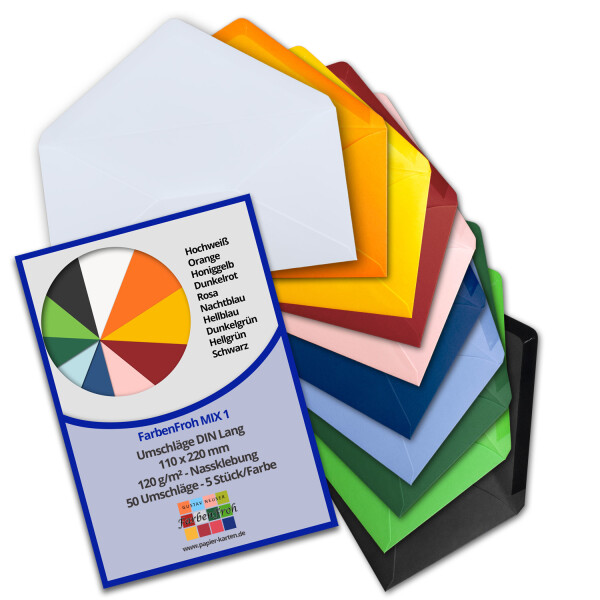 50 Brief-Umschläge Farbenmix-Paket 1 DIN Lang - 110 x 220 mm (11 x 22 cm) - Nassklebung ohne Fenster - Ideal für Einladungs-Karten - Serie FarbenFroh