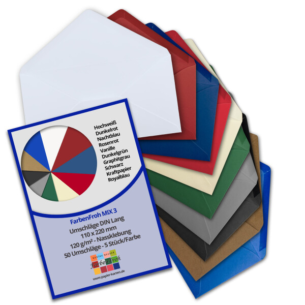 50 Brief-Umschläge Farbenmix-Paket 3 DIN Lang - 110 x 220 mm (11 x 22 cm) - Nassklebung ohne Fenster - Ideal für Einladungs-Karten - Serie FarbenFroh