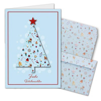 20x Weihnachtskarten-Set DIN A6 mit hellblauem Weihnachtsbaum und Winter-Symbolen - Faltkarten mit passenden Umschlägen - Weihnachtsgrüße für Firmen und Privat
