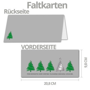20x Weihnachtskarten-Set DIN Lang in Grau mit grünen Tannenbäumen und Text - Faltkarten mit passenden Umschlägen DIN Lang - Weihnachtsgrüße für Firmen und Privat
