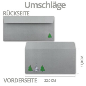 20x Weihnachtskarten-Set DIN Lang in Grau mit grünen Tannenbäumen und Text - Faltkarten mit passenden Umschlägen DIN Lang - Weihnachtsgrüße für Firmen und Privat