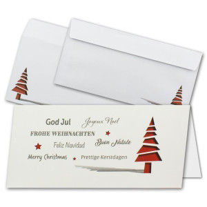 15x Weihnachtskarten-Set DIN Lang in Creme mit roten Tannenbäumen und Text - Faltkarten mit passenden Umschlägen DIN Lang - Weihnachtsgrüße für Firmen und Privat