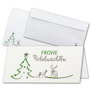 10x Weihnachtskarten-Set DIN Lang in Weiß mit grünem Tannenbaum und Rentier - Faltkarten mit passenden Umschlägen DIN Lang - Weihnachtsgrüße für Firmen und Privat