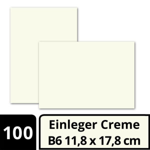 100x einfaches Einlege-Papier für B6 Faltkarten - cremeweiß - 118 x 178 mm - ohne Falz - hochwertig mattes Papier von GUSTAV NEUSER