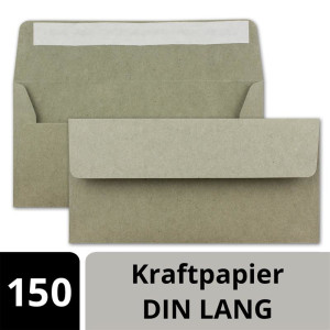 150x Kraftpapier Umschläge DIN Lang - Grau ÖKO - Haftklebung 11 x 22 cm - 120 g/m² breite Lasche - Vintage Kuverts - von NEUSER PAPIER