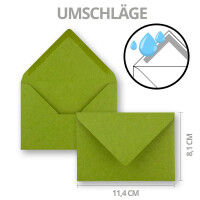 50x Stück Karte-Umschlag-Set Kraftpapier-Einzel-Karten - Din A7 - 10,5 x 7,3 cm - 240 g/m² - Hellgrün - mit Brief-Umschlägen C7 - Nassklebung