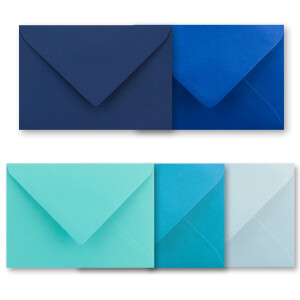 50x Farbige Karten blanko mit passendem Umschlag und Einlegeblätter in Weiß in DIN A6/ DIN C6 - Blaue Farben ideal für Einladungen und Geschenke
