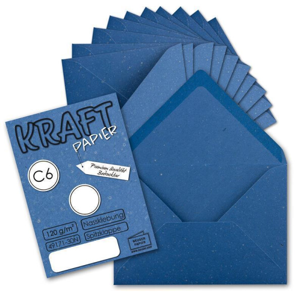 75x Kraftpapier Umschläge DIN C6 Blau - 11,4 x 16,2 cm ohne Fenster - Vintage Briefumschläge mit Nassklebung Spitzklappe - NEUSER PAPIER