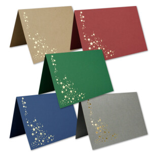 Faltkarten-Set mit Umschlägen DIN C6 A6 - Mix-Paket in verschiedenen Farben mit goldenen Metallic Sternen - 50 Sets - für Drucker geeignet Ideal für Weihnachtskarten