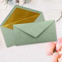 100 Brief-Umschläge DIN Lang - Eukalyptus (Grün) mit Gold-Metallic Innen-Futter - 110 x 220 mm - Nassklebung - festliche Kuverts für Weihnachten