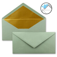 500 Brief-Umschläge DIN Lang - Eukalyptus (Grün) mit Gold-Metallic Innen-Futter - 110 x 220 mm - Nassklebung - festliche Kuverts für Weihnachten
