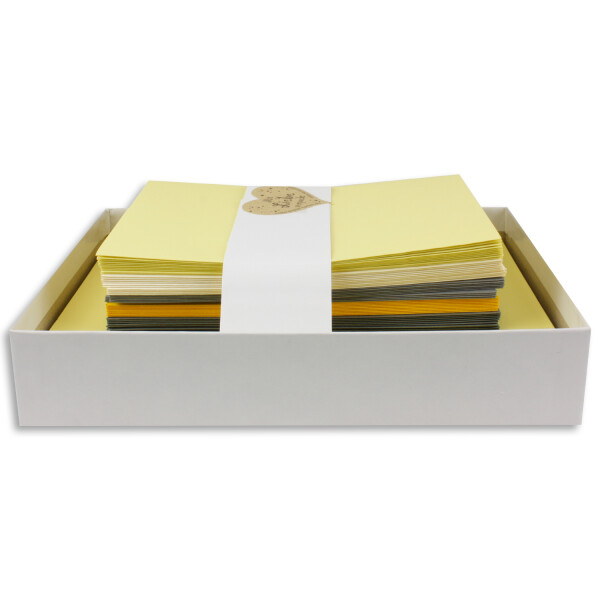 100x Farbige Karten blanko mit passendem Umschlag und Einlegeblätter in Creme in DIN A6/ DIN C6 - Grau und Gelb Farben ideal für Einladungen und Geschenke
