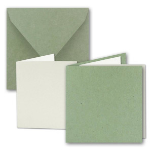 10x Quadratisches Faltkarten SET aus Kraft-Papier in Grün 15,0 x 15,0 cm - Doppel-Karten mit Briefumschlägen und Einlegeblättern aus Recycling-Papier - Serie UmWelt