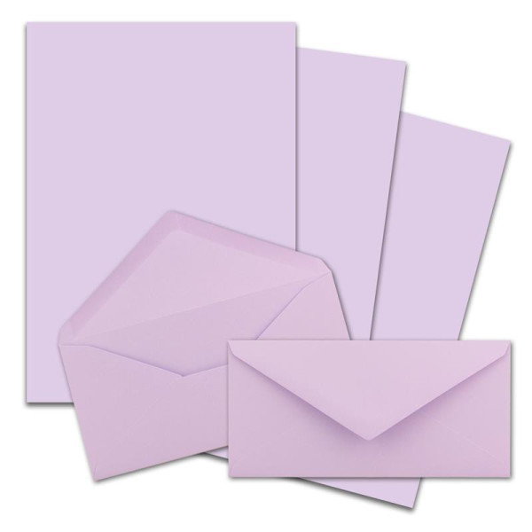 200x Briefpapier Set DIN A4 mit DIN Lang Briefumschlägen, Nassklebung - Flieder - mattes Schreibpapier mit Kuverts - FarbenFroh by GUSTAV NEUSER