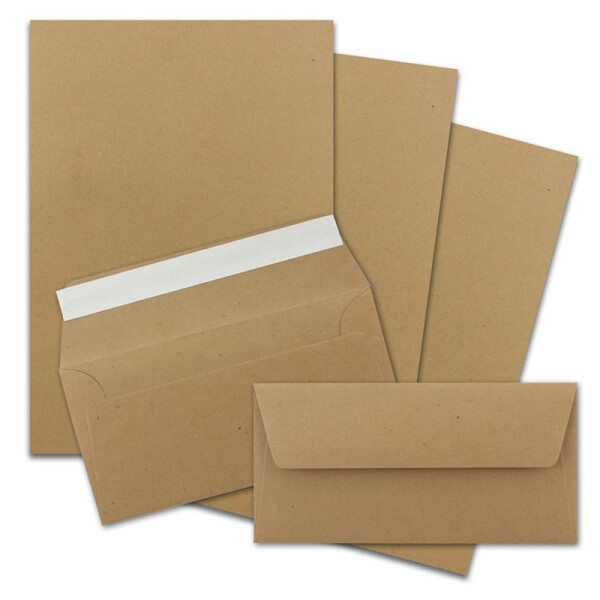 50x Briefpapier Set DIN A4 mit DIN Lang Briefumschlägen, Haftklebung - Kraftpapier Braun - Recycling-Schreibpapier mit Kuverts - FarbenFroh by GUSTAV NEUSER