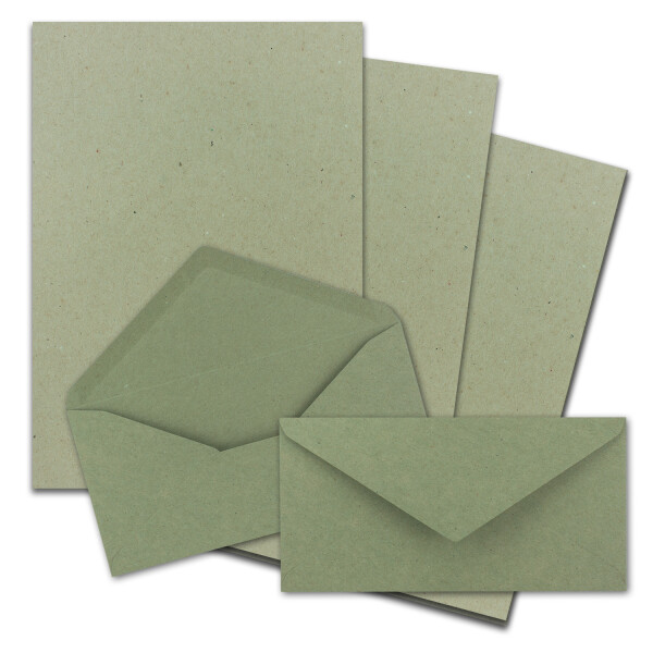 250x Briefpapier Set DIN A4 mit DIN Lang Briefumschlägen, Nassklebung - Kraftpapier-Grün - Recycling-Schreibpapier mit Kuverts - FarbenFroh by GUSTAV NEUSER
