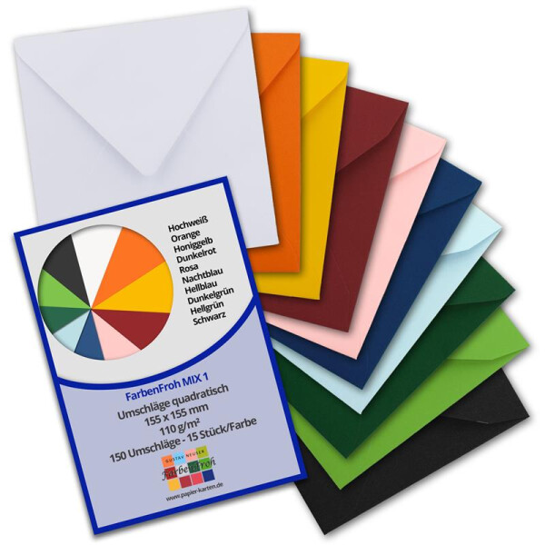 150x Quadratische Briefumschläge - Farbenmix-Paket 1 - 15,5 x 15,5 cm - ohne Fenster, mit Nassklebung - 110 g/m² - Für Einladungskarten zu Hochzeit, Geburtstag und mehr - Serie FarbenFroh