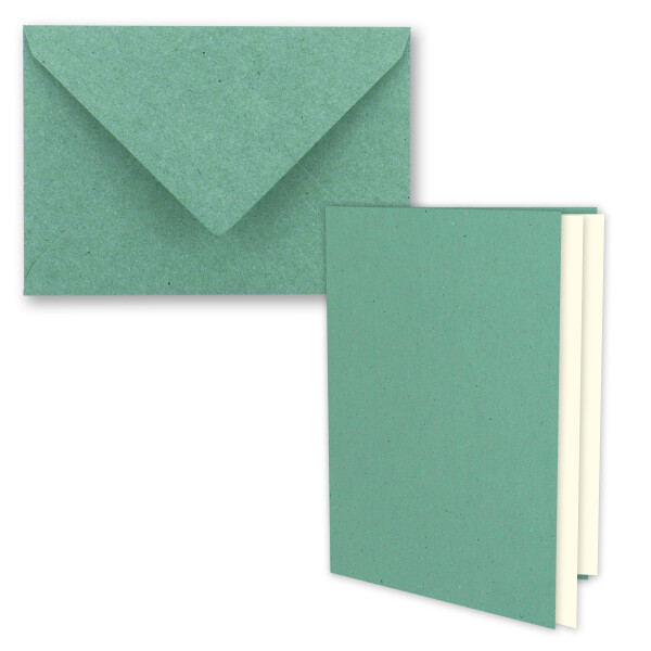 50x eukalyptus-grünes Vintage Kraftpapier Falt-Karten SET mit Umschlägen und Einlegern DIN A6 - 10,5 x 14,8 cm - Eukalyptus - Recycling - blanko