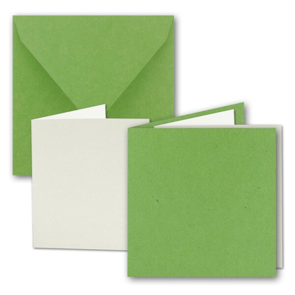 100x Quadratisches Faltkarten SET aus Kraft-Papier in Hellgrün 15,0 x 15,0 cm - Doppel-Karten mit Briefumschlägen und Einlegeblättern aus Recycling-Papier - Serie UmWelt